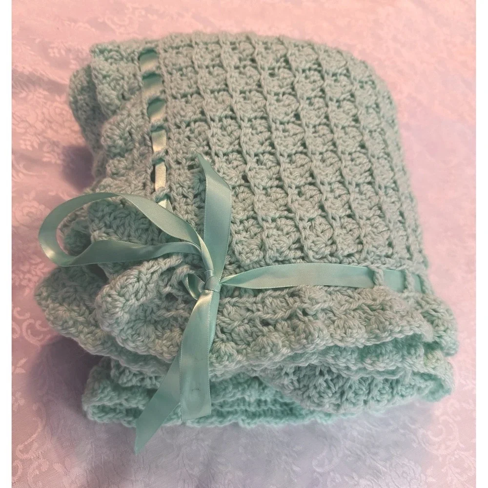 HANDMADE CROCHET BABY BLANKET/AFGHAN  Pastel Mint Green 40